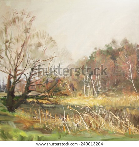 drawing oil, landscape, forest