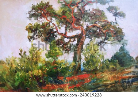 oil painting, decorative tree on a hill