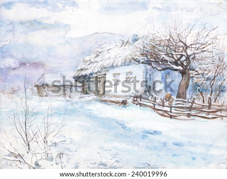 watercolor painting, trees, winter house in the snow