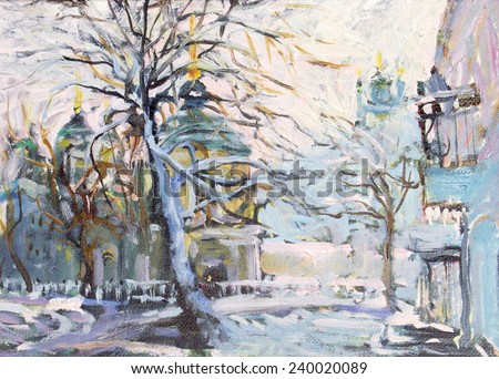 watercolor painting, winter, winter street of the city, the temple in the distance