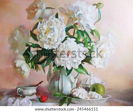 drawing oil, flowers, still life, painting, white roses