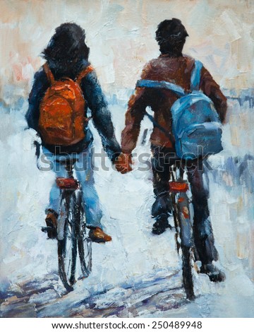 young men and women leaving , oil Painting, ride bikes