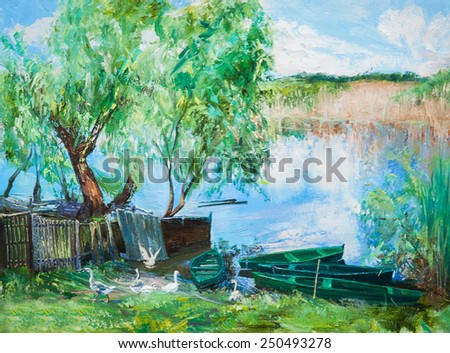 summer pond, oil painting