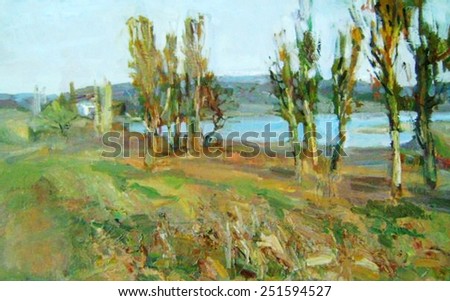 drawing oil, landscape, Poplar near the road