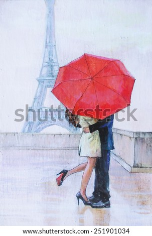 Oil Painting, A Pair Of Lovers Under An Umbrella, Eiffel Tower, Paris ...