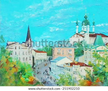 oil painting, cityscape, downtown street