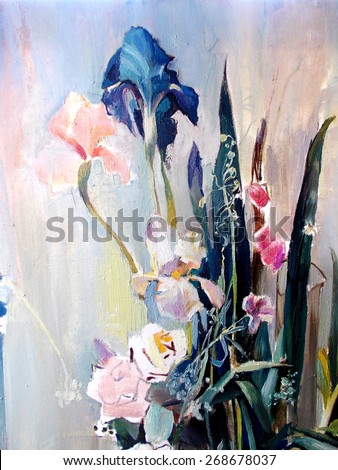 drawing oil, flowers, still life, painting, modern