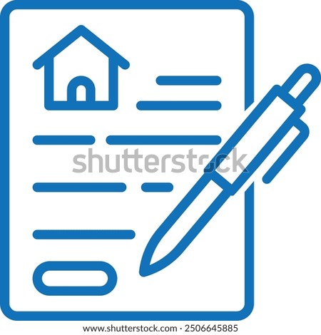 Render icon vector illustration of house with contract papers icon for signature, real estate property investment, mortgage and leasing  (Blue version) 