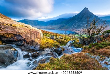 Beautiful mountain river valley landscape. Mountain river valley landscape. River valley in mountains. Mountain valley landscape Сток-фото © 