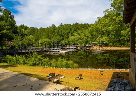 Similar – Image, Stock Photo Rippling lake surrounded by rocky mountains against cloudy blue sky