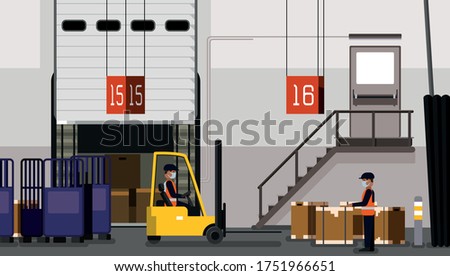 Workers work inside a warehouse, downloading the contents of a container, inventory management, zone picking