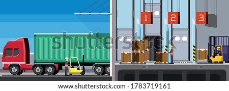 Workers work inside a warehouse, downloading the contents of a container truck, containerization, inventory management, zone picking, new normal, hygiene and prevention covid-19