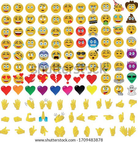 
Set with 120 emojis, pack with emoticons and hands vector icons.