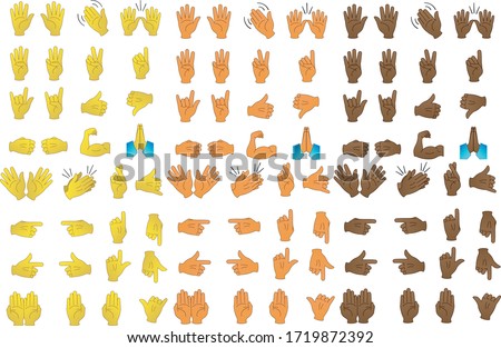 
Set of hand emojis. 96 emoticons of different signs and colors.