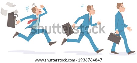 Young businessman walking and running. Walk slowly, quick run, run very fast. Vector illustration isolated on white background.