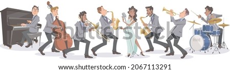 Jazz singer and musicians performing enthusiastically on isolated white background. Playing with musical instruments and vocal. Vector illustration in flat cartoon style.