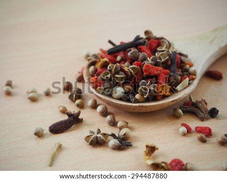 spices herb with wood spoon on wood table