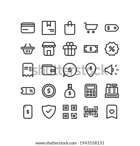 E commerce Outline Icon Set, Credit Card, Shopping Bag, Money, Bill, Voucher, Bar Code, Isolated Vector Icon