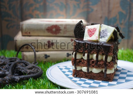 Brownie Chocolate Cake and a cup of tea, Alice in Wonderland Theme