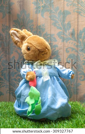 Cute Rabbit Plush Doll Wearing Blue Dress, Holding Carrot [Vivid Bright Collection]