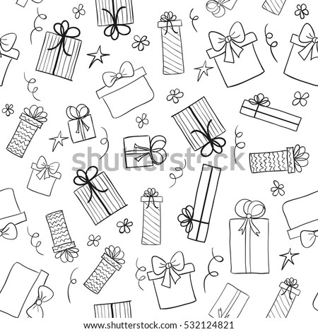 Christmas gift boxes. Hand drawn presents sketch. Seamless vector pattern. May be used as a coloring book