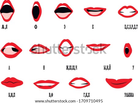 Russian alphabet lips sync motion frames, text translation: 'A,Ya; O; E; Ye; Ts,S,Z,R,D,T; L; N; Zh,Sh,Sch,Tsch; Y,I,Yi; U; B,M,P; V,F; H,K,Kh; Smile'. Stok fotoğraf © 