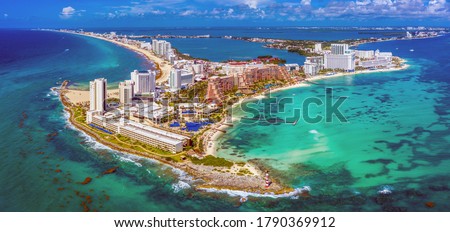 Aerial view of the northern peninsula of the Hotel Zone (Zona Hotelera) in Cancún, Mexico