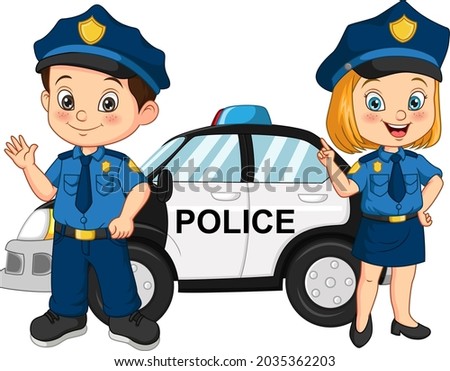 Cartoon police kids standing near the police car