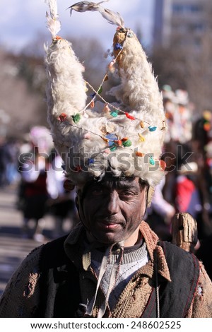 Bulgaria - jan 31, 2015: Man in traditional masquerade costume is seen at the the International Festival of the Masquerade Games 