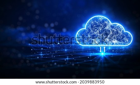 cloud computing. The data transfer and storage concept consists of a white polygonal interconnected structure within it. Dark blue background with small padlocks scattered on the background.