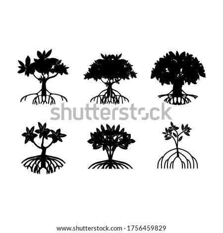 Collection mangrove tree, leaf and roots, with silhouette style, the icons of black and white color.