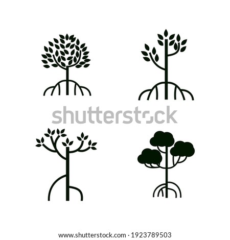 Collection mangrove tree, leaf and roots, with silhouette style, the icons of black and white color.