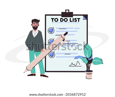 Month planning, to do list, time management. man is standing near large to do list. Plan fulfilled, task completed. Flat management  concept vector illustration isolated on white background 