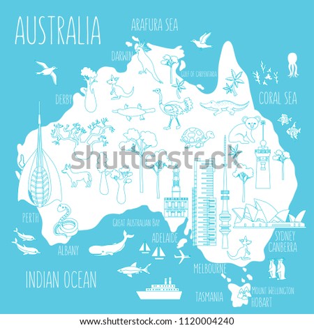Australia cartoon travel map vector illustration,landmark Telstra Tower, Perth bell tower, Old Windmill Brisbane, Adelaide Town Hall, Eureka skyscraper, Mount Wellington, wild animal decorative symbol
