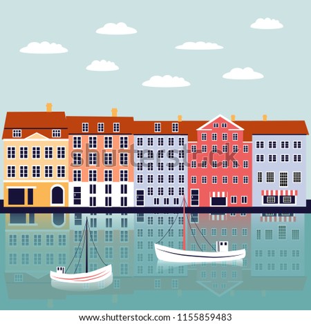 Nyhavn Copenhagen Denmark landmark vector cartoon illustration, danish decorative flat background, colorful building on river, architecture historic sight attraction, Travel sightseeing landscape