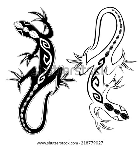 decorative lizards reptiles with long curved tails decorated geometric ornament suitable for tattoo, logo or mascot design