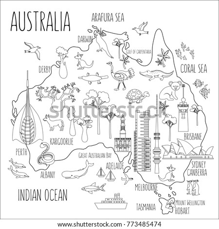 Australia cartoon travel map vector illustration,landmark Telstra Tower, Perth bell tower, Old Windmill Brisbane, Adelaide Town Hall, Eureka skyscraper, Mount Wellington, wild animal decorative symbol