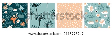 Frog Pattern. Set of vector backgrounds with snake, water striders, leaves, flowers, lotus, Water Lillies, dots.  Perfect for cards, wrapping paper, printing on the fabric, design package and cover