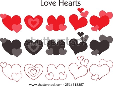 Multiple hearts shape vector illustration in red black and outline