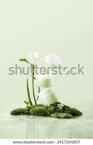 Similar – Image, Stock Photo Natural cosmetic product. White bottle on pastel background