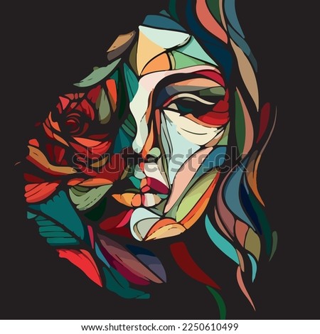 abstract face of a beautiful woman fused with a rose in the style of picasso