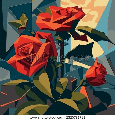 red roses poly, abstract art, wall painting, Picasso style 