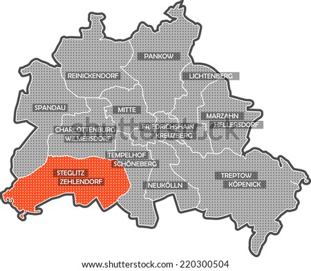 Map of Berlin districts. Focus on district Steglitz Zehlendorf. Other districts are identified by name also.