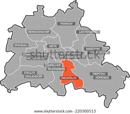 Map of Berlin districts. Focus on district Neukoelln. Other districts are identified by name also.