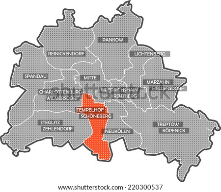 Map of Berlin districts. Focus on district Tempelhof Schoneberg. Other districts are identified by name also.