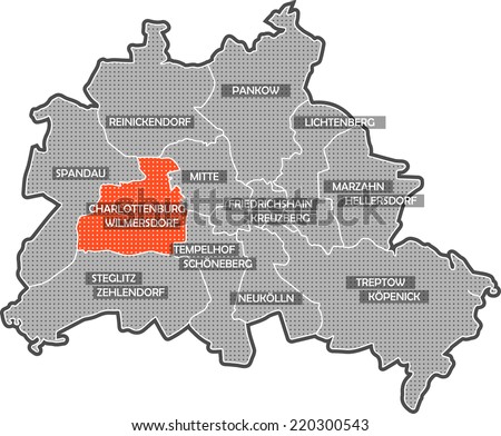 Map of Berlin districts. Focus on district Charlottenburg Wilmersdorf. Other districts are identified by name also.