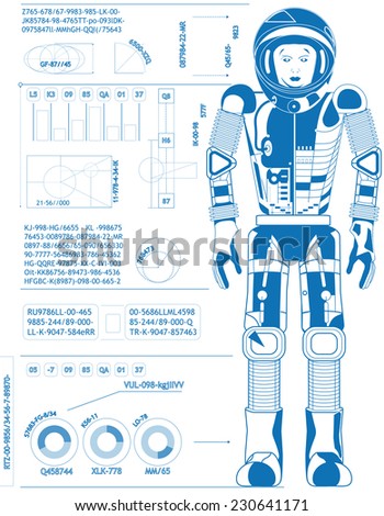 Illustration of female astronaut in the style of a blueprint or technical drawing.