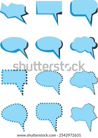 This vector set features 12 unique blue speech bubbles with various shapes and styles, perfect for adding dialogue or text highlights in graphic design projects