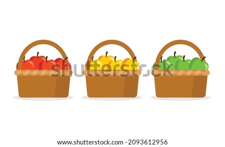 Different apples in wicker basket isolated on white background. Red, yellow and green apples. Vector stock