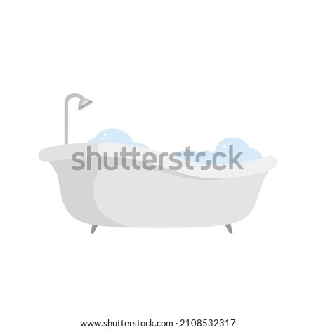 Bathtub isolated on white background. Bathtub with foam bubbles inside. Bath time relax concept. Vector stock